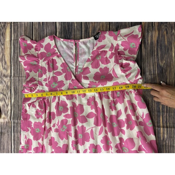 Spin USA Womens Mini Dress XL White w/ Pink Floral Print V-Neck Linen - Picture 9 of 15
